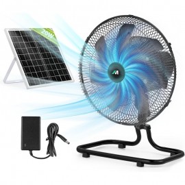 Rechargeable Floor Fan with 20W Solar Panel & 8000mAh Battery - Heavy-Duty All-Metal Body, Quiet Brushless Motor, Oscillating (90° Auto/60° Manual), Portable Cooling Fan for Outdoor Camping, Picnics, Parties