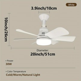 1 Set 20-Inch Modern White Ceiling Fan Light with Remote Control, 3-Speed Wind and Dimmable LED, Switchable Color Temperature, Energy-Efficient Design