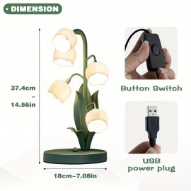Modern Green Lily-of-the-Valley Table Lamp with Flower-Shaped Shade - Plug-in White Bulb (Compatible with E27), Soft Glow Night Light for Bedroom, Living Room,, Hotels & B&Bs - Glossy Plastic/Metal Bell Lighting Fixture