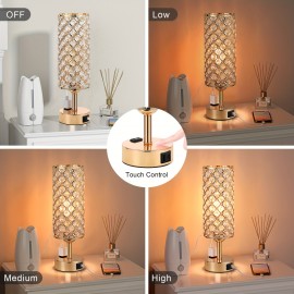 2 Golden Crystal Desk Lamps with Touch Dimmable Table Lights, USB-A+C and Single AC Two-Prong Plug, Suitable for Office, Living Room, Bedroom, with Bulb