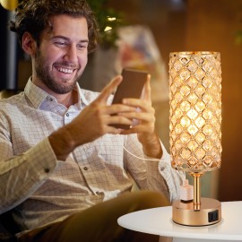 2 Golden Crystal Desk Lamps with Touch Dimmable Table Lights, USB-A+C and Single AC Two-Prong Plug, Suitable for Office, Living Room, Bedroom, with Bulb