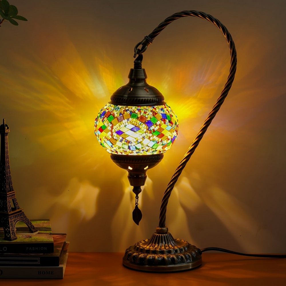 Turkish Mosaic Table Lamp, Moroccan Style Table Lamp with Metal Base 3 Colors Handmade Swan Neck Mosaic Glass Bedside Lamp for Bedroom and Living Room (LED Bulb Included)
