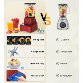 Red Smoothie Blender, Countertop Blender Kitchen, 55oz Glass blender smoothies and Shakes, Licuadora, Smoothie maker with touchscreen 3+P Speeds, Cleaning brush removable SS blade, Kitchen Blender, Blender Smoothie, Blender for Kitchen