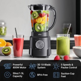 800W 6-Speed Heavy-Duty Blender with 10-Blade System & Cup - 50oz/1.5L Large Capacity, Non-Slip Base & Easy-Pour Spout, operation (Power Source: Not Included) for Smoothies, Ice Crushing, Puree - Countertop Blenders for
