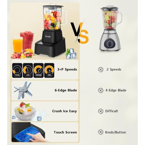 Smoothie Blender, Countertop Blender Kitchen, 55oz Glass blender smoothies and Shakes, Licuadora, Smoothie maker with touchscreen 3+P Speeds, Cleaning brush removable SS304 blade, Kitchen Blender, Blender Smoothie, Blender for Kitchen