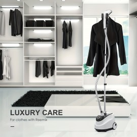 2-in-1 Standing Garment Steamer with Built-in Hanger | 30s Fast Heat-Up | 90min Continuous Steaming | Large Detachable Water Tank, Fabric Brush & Easy Mobility, by Yabano