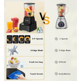 Smoothie Blender, Countertop Blender Kitchen, 55oz Glass blender smoothies and Shakes, Licuadora, Smoothie maker with touchscreen 3+P Speeds, Cleaning brush removable SS304 blade, Kitchen Blender, Blender Smoothie, Blender for Kitchen