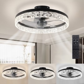 Thin Ceiling Fan with Light, 15.7-Inch Ceiling Fan with Light, Dimmable Embedded LED Fan, 3 Colors, 6-Speeds, Suitable for Bedroom, Living Room, Dining Room, Kitchen